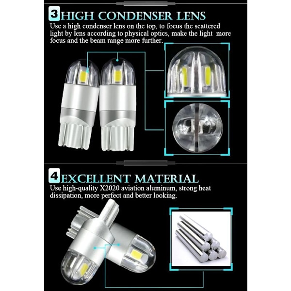 10 stk. T10 LED positionslys natlys 12v 6000K hvid, LED blinklys bil motorcykel mellemrum lyspanel pære