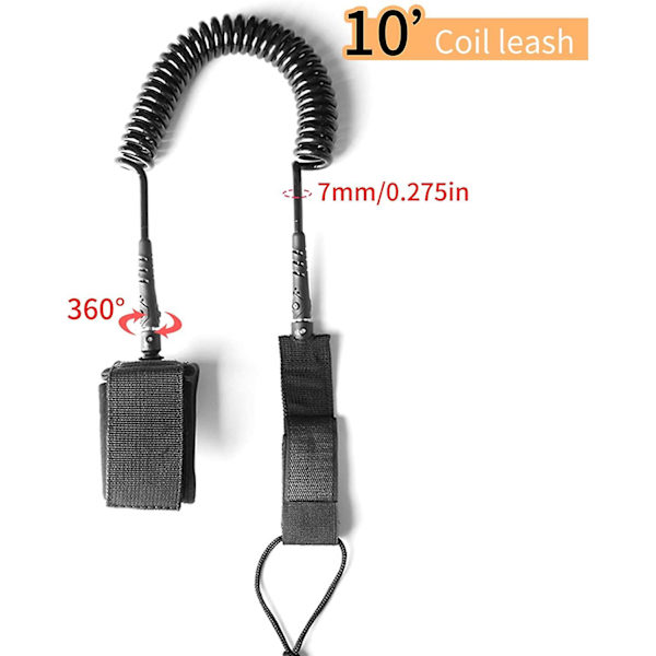 Surfboard Leash, 10ft 7mm Tpu Coiled Stand Up Paddleboard och Surfboard Leash, Svart