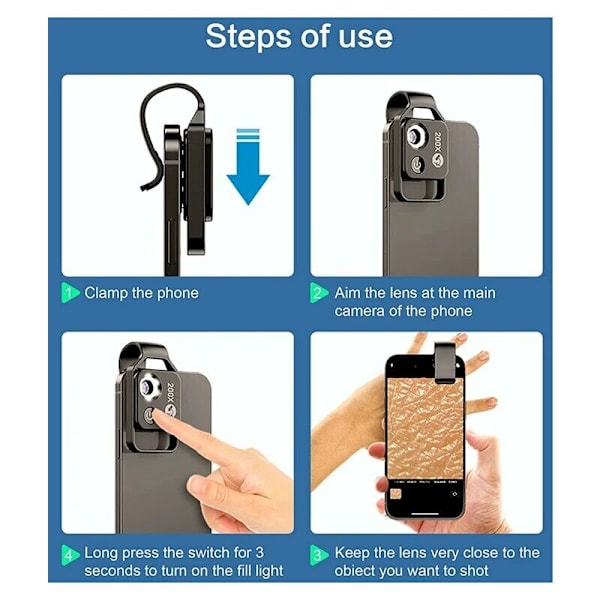 200X mobiltelefonmikroskoptillbehör, med CPL-lins, bärbar mini digitalt mikroskop, med LED-lampa/universell klämma 1 styck