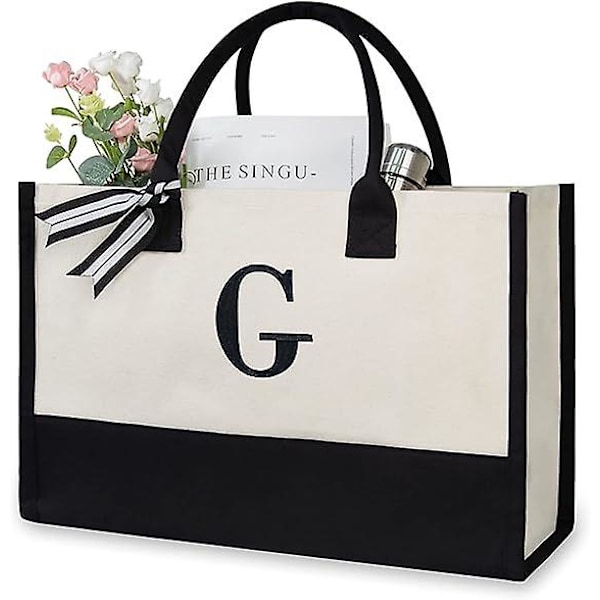 Personalisert Initial Lerret Strandveske, Monogrammert Gave Tote Bag For Kvinner