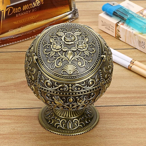 Retro vindskyddad askkopp med lock - Retro blommönster skrivbordsaskkopp (vit + guld)