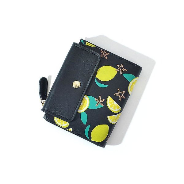 Söt citron blixtlås ficka tri-fold liten plånbok myntväska (svart, citrontryck)