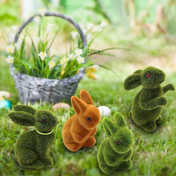 Påsk Flockad Kanin Moss Kanin Figur Dekoration För Hemmafest Prydnader（Grön 2）