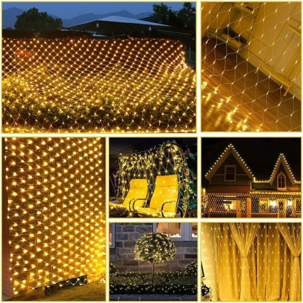 Fairy Lights-nät 3m x 2m, 8 lägen med fjärrkontroll, varmvit julljusnät utvändigt och inuti, ljusnät