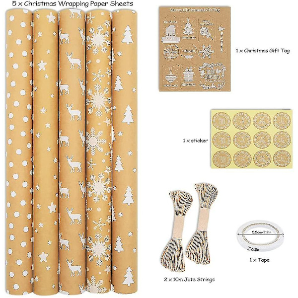 Kraft Julpapper Rulle, Presentpapper 5 Mönster 39\" X 17\"