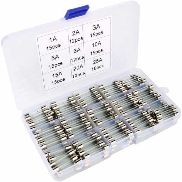 Valikoima 126 kappaleen lasisulakesarja, 6 x 30 mm lasisulakeinsertti, nopeat autosulat, nopeat lasisulakkeet (AMP 1A 2A 3A 5A 6A 10A 15A 20A 25A)