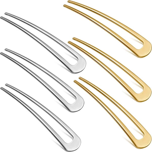 6 stycken metall U-formade hårnålar enkel spets pinne franska hårnålar (guld + silver)