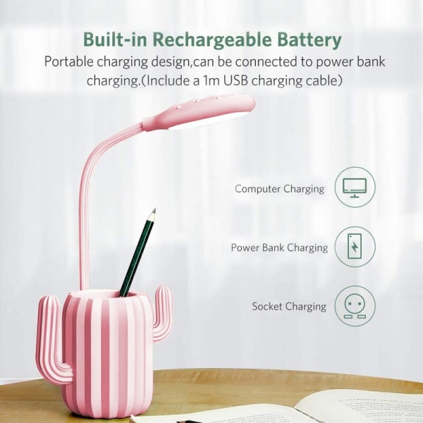 Pöytälamppu, 3-tasoinen ladattava USB himmennettävä yöpöytälamppu lapsille, kynäteline lapsille kotona, vaaleanpunainen