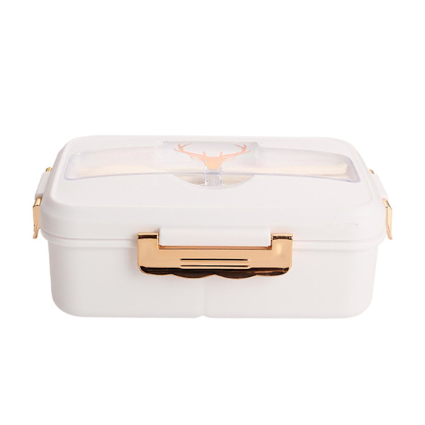 1 set lunchlåda med sked ätpinnar fack design plast skola kontor matförvaring behållare bento låda daglig användningiang（vit）