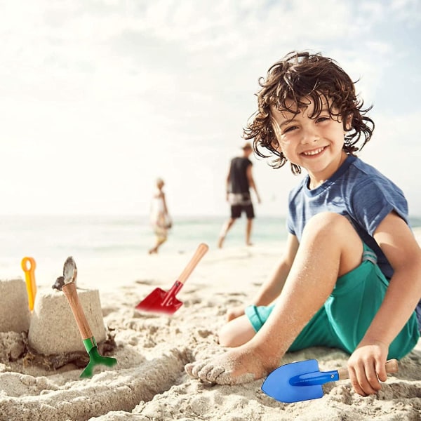 Set för barn, 8-tums strandsandlåda leksak Trädgårdsutrustning Barngaffel, murslev, raka och spade (5 stycken)