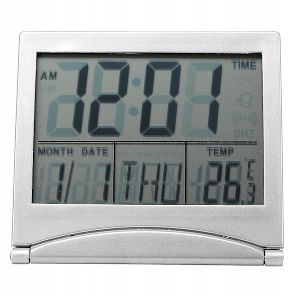 Kreativ enkel resklocka hopfällbar ord elektronisk väckarklocka datum temperatur display skrivbordsklocka（silver）