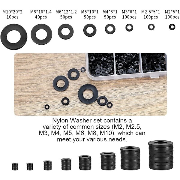500 stk. sorte nylon flade skiver, runde isolerings flade skiver pakning afstandsholder pakning VVS sortimentssæt - M2/M2.5/M3/M4/M5/M6/M8/M10