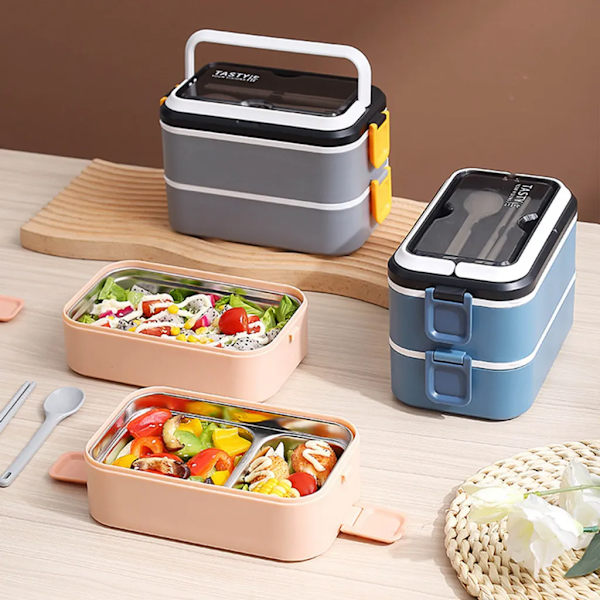 21,5*12,2*13,7 cm 2 lager grå lunchlåda arbete student utomhusaktiviteter resor mikrovågsugn uppvärmning matbehållare plast Bento-låda