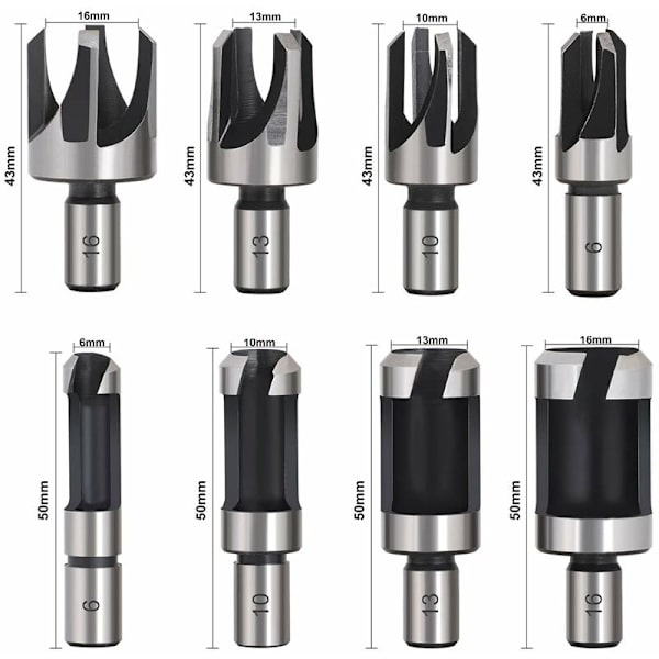 8 stk HSS Træpropfræser Træskære Værktøj Propbor Bits Træpropfræser Bor Bits 6mm/10mm/13mm/16mm