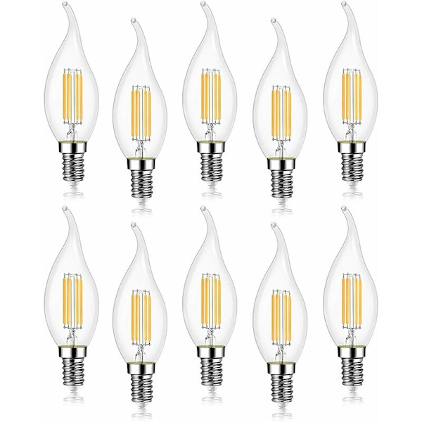 Paket med 10 st 4W LED-glödlampor E14 470LM Flamma Ljus Cool Vit 6000K, Ej Dimbar, 360° Strålvinkel