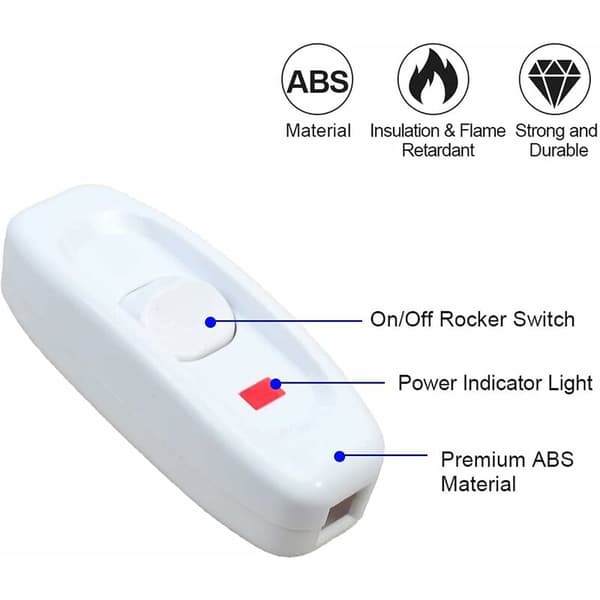 Afbryder - Pakke med 5 AC 250V 10A Inline ON/OFF Bordlampe Kabel Ledning Afbryder med LED-lys (Farve: Hvid)