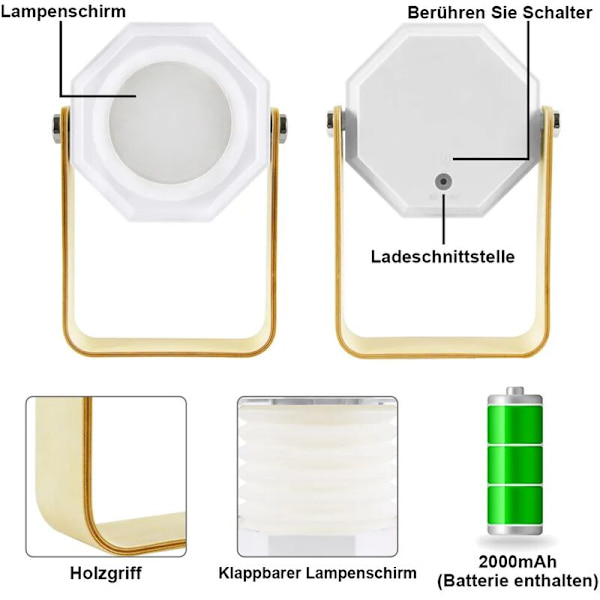 LED-bordslampa nattlampa USB uppladdningsbar 3 belysningslägen hopfällbar lyktlampa för camping sovrum vardagsrum
