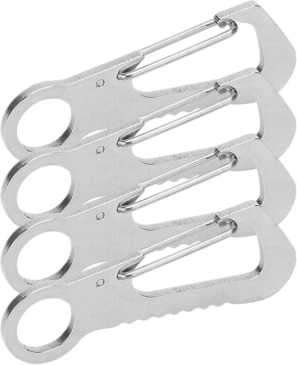 4-pack höghållfast fjäderkarbinhake med D-ring, flasköppnare (silver)
