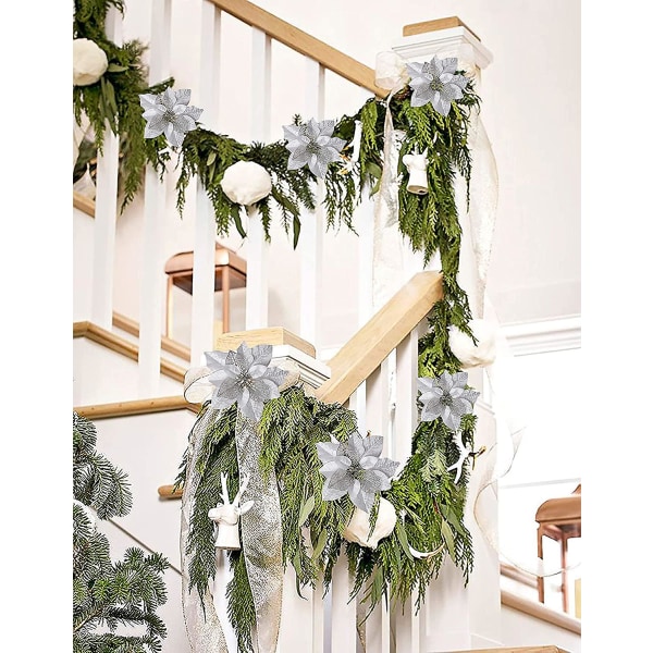 15 stycken julglitter konstgjorda julstjärna blommor, 8,7 tum konstgjorda bröllopsblommor dekorationer julgransprydnader（silver）