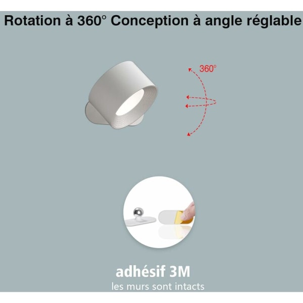 Indendørs væglampe, touch LED væglampe med USB opladningsport, touch kontrol, 3 lysstyrkeniveauer, 3 temperaturer, 360° roterende soveværelse sengelampe