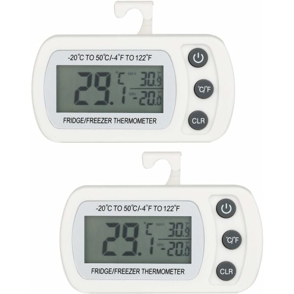 2 stk. Digitalt køleskabsfrysertermometer Temperatur -20 til 50°C med krog, letlæseligt LCD-display, maks./min.-registreringsfunktion