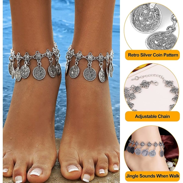 2 STK Strandfotstrån för kvinnor Tribal Ethnic Coin Tofs Gypsy Ankles Justerbar (silver)