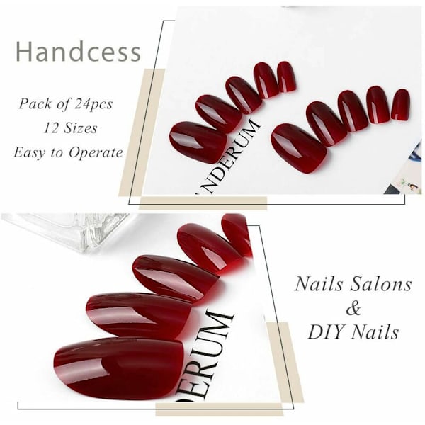 24 x Kunstige negle Bourgogne farve Bling Glitter Gel Blank finish Naturlige korte ovale negle Fuld dækning Salon neglekunst til kvinder