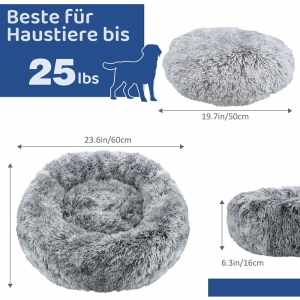 Kattbädd, hundkudde 60x60cm, Donut hundbädd, liten hundbädd, medelstor hundbädd, plyschig rund mysig kattbädd, tvättbar fluffig halkfri hundsäng (grå).