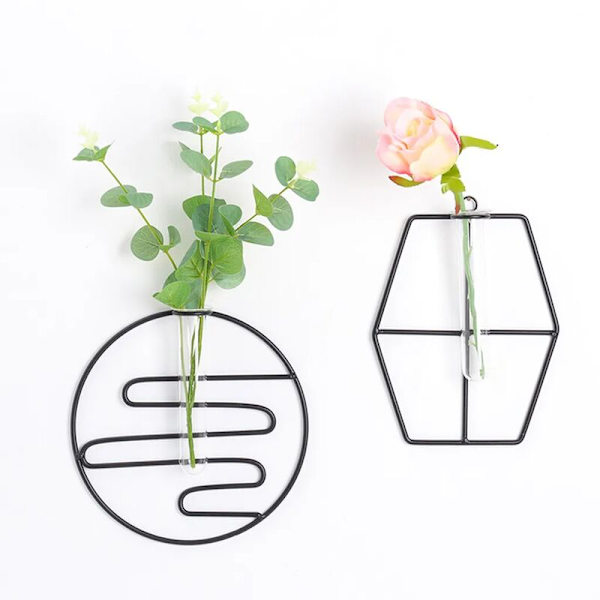 Kreativ tørret blomst vase, vægmonteret smedejern plante glasbeholder, geometrisk form til stue, sort, et cirkulært mønster