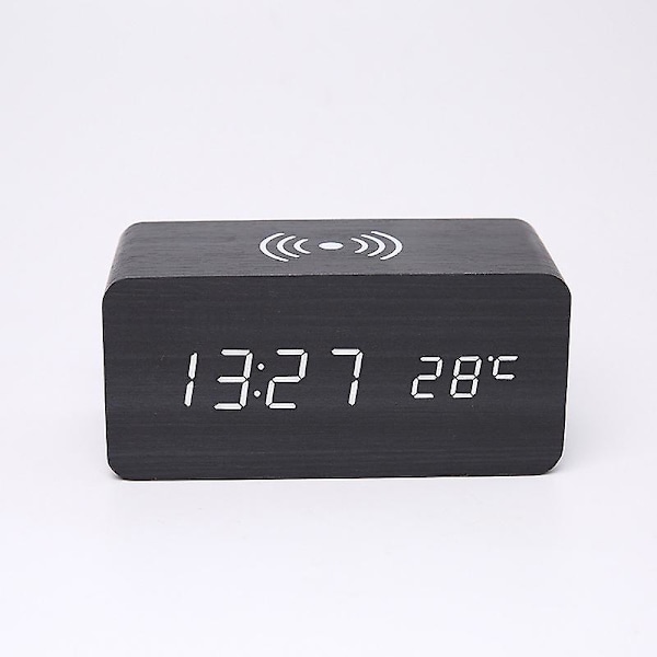Digital väckarklocka FM-radio, 10 W snabb trådlös laddningsstation för iPhone/Samsung Galaxy, USB-laddningsport, väckningsljud, sovrumssömntimer, trä L