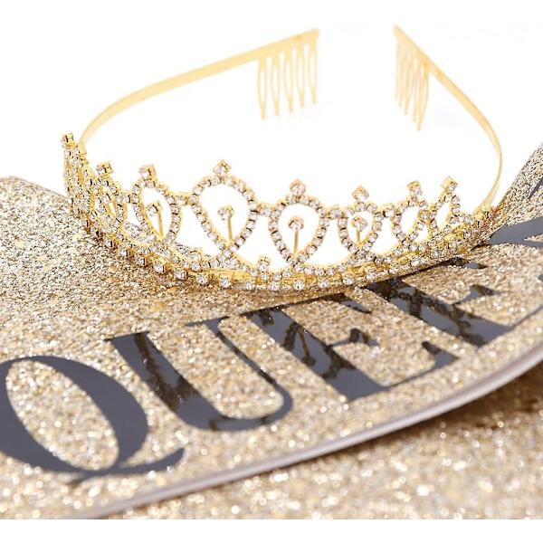 \"Syntymäpäiväkuningatar\" Vyö ja Strass Tiara Setti - 21. 30. Syntymäpäivälahjat Syntymäpäivävyö Naisille Syntymäpäiväjuhlatarvikkeet (Kulta Glitter Mustalla Kirjoituksella