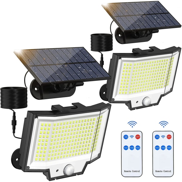 Solcellslampor för utomhusbruk, [led/2-pack/3 lägen] Separata solcellslampor med fjärrkontroll, 5 m kabel, IP65 vattentät vägglampa