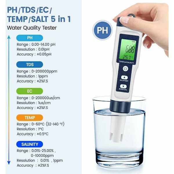 PH TDS-mätare, 5 i 1 Vattenkvalitetstestare PH/TDS/EC/SEL/Temperatur TDS-mätare LCD med Grön Bakgrundsbelysning för Pool/Akvarium/Damm
