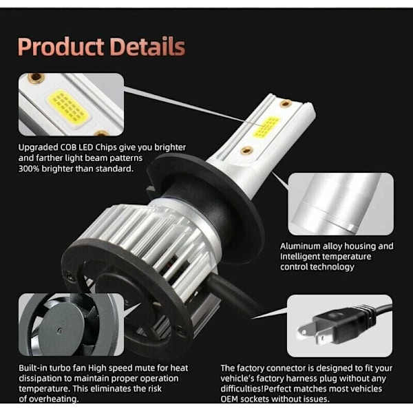 H1 LED-lampa, 6000K strålkastare för bil och motorcykel, ersättningslampor för halogenlampor och Xenon-kit, 2 lampor