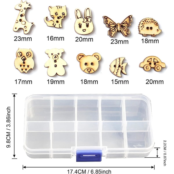 Knappar handgjorda djurform 2-håls träknappar med plastlåda harts 15-23 mm 100 stycken