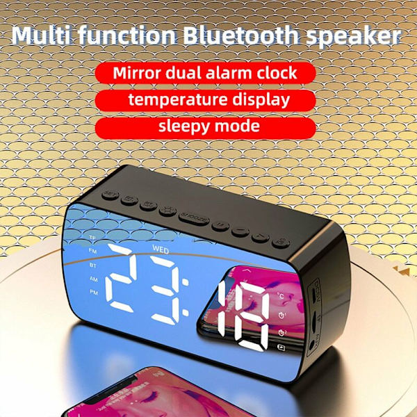 LED-spegel Digital väckarklocka Big Time Display Bord Väckarklocka Trådlös högtalare Subwoofer Musikspelare Bluetooth stöd (svart)