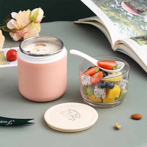 Praktisk 700 ml frukostmugg, To Go Mug Lunchpot läckagesäker yoghurtmugg att ta med med kylväska och sked för skola, kontor, utomhus (rosa)