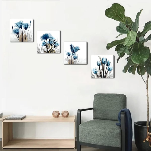 Blå canvas väggkonst för vardagsrum, modern blomram, badrumsvägg, 4-delad uppsättning