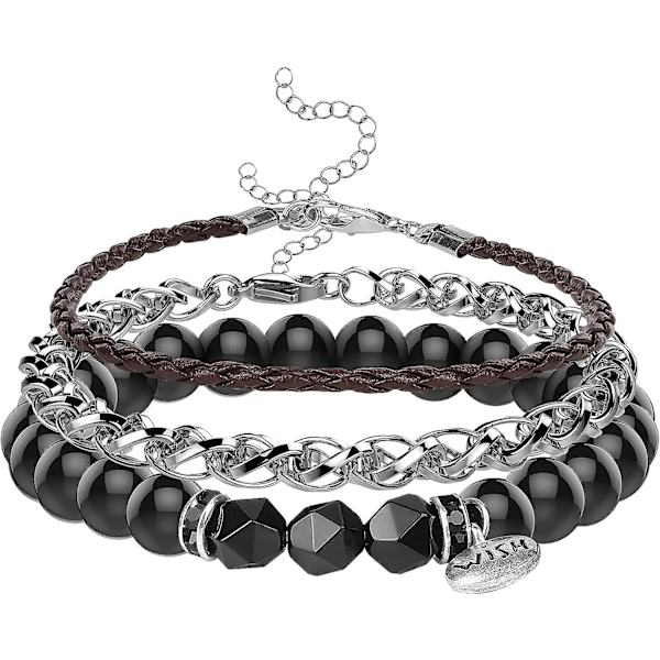 3 justerbara handledskedjor (pärlarmband, PU-läderarmband, armband i rostfritt stål), svart + brunt + silver