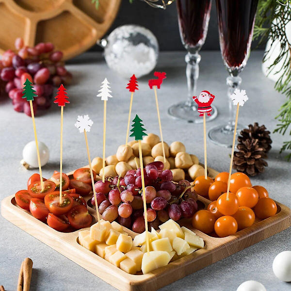 50/100 st jul fruktmatpinnar tomten snöflinga snögubbe cocktail tandpetare cupcake topp dekoration för julfest (100 st, stil A)