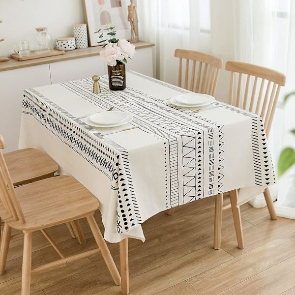 Bomullslinne Duksar Tunga Tyg Boho Bordsskydd Bordsskiva Duk För Lanthus Kaffe Kök Picknick Vit Svart (Rektangel/Lång, 55\" X