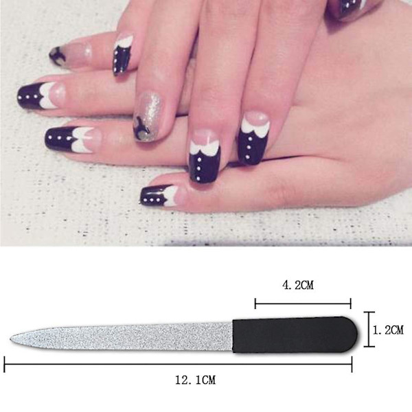 2-pack rostfritt stål dubbelsidig sandpläterad nagelfil, svart silikonhandtag, manikyrverktyg