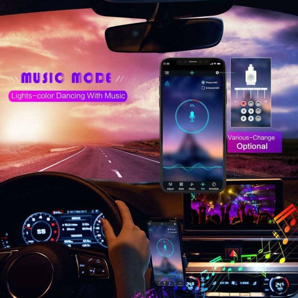Bilinredningsljus, LED-lampor för bil, med Bluetooth appkontroll, Multicolor Music Sync Car Ambiance Lighting Kit, 5V USB port