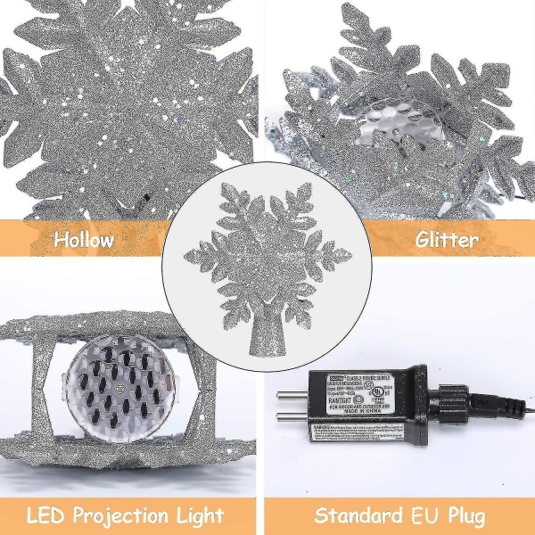 Silver Snowflake Led-projektor Julgransprydnad, Gnistrande Julgransprydnad, Gnistrande Dynamiskt Snöflingemönster, Elpowered Jul