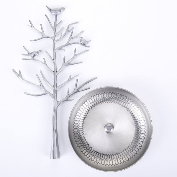 Småfågelträd Smycken Örhänge Halsband Display Stativ Smycken Förvaringstorn Legering Träd Display Stativ, Silver