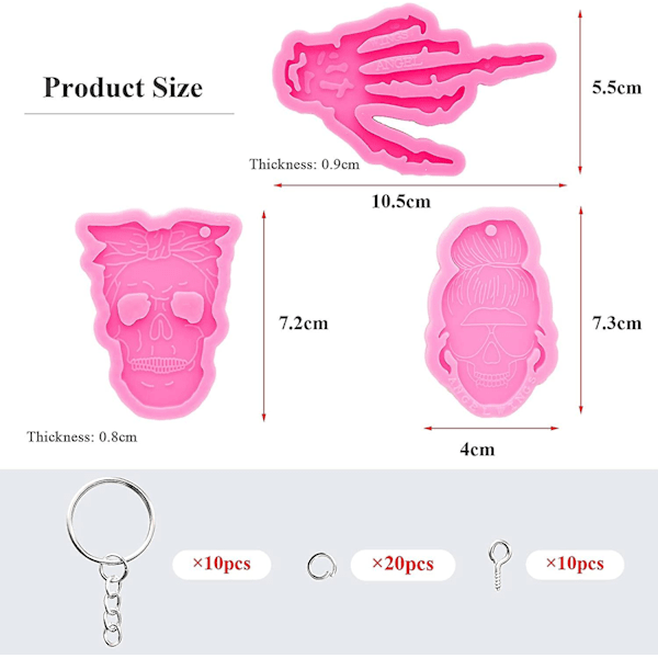 43 stk Halloween Silikonforme Kit - Kranie Ansigt Skelet Hånd Kranie Hoved Kvinde Form Nøglering Harpiks Form Chokolade Slik Lerforme Med 10 stk Nøglekæder