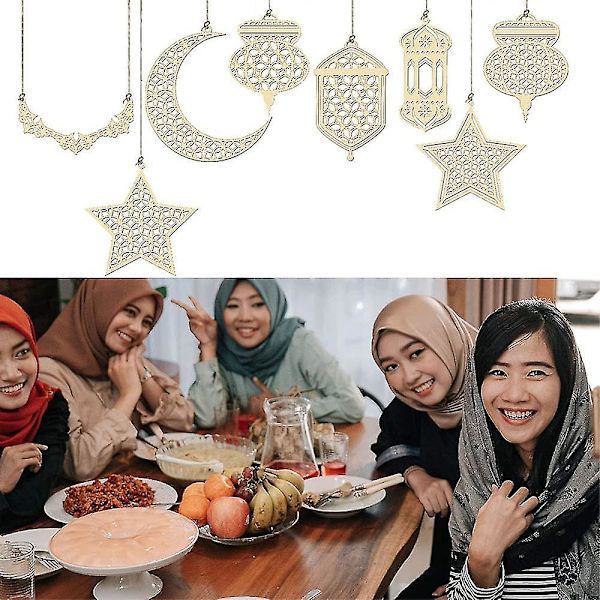 8 st Islam Ramadan trähänge prydnad, ramadan Kareem dekoration, månen Star Wind Ljus form hänge prydnad för muslimska Ramadan Mubarak Eid Party