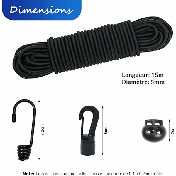Elastisk spænder 5mm 15m sort elastisk snor elastisk spænder med krog elastikbånd til presenning cykelkrog fastgørelseskrog (sort 5mm x 15m)