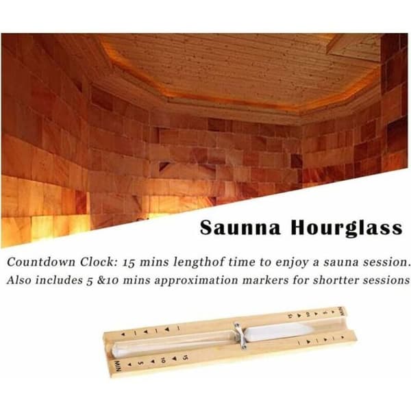Sauna-timeglas i træ (15 minutter), tilbehør med hvidt sand og monteringsskruer.