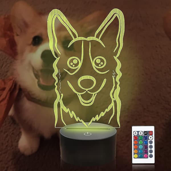 Hund 3D-senglampe, valp illusjon optisk nattlys, fjernkontroll dimbar LED-leke